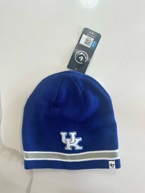 47 Blue UK Knit Beanie with White and Gray Stripes